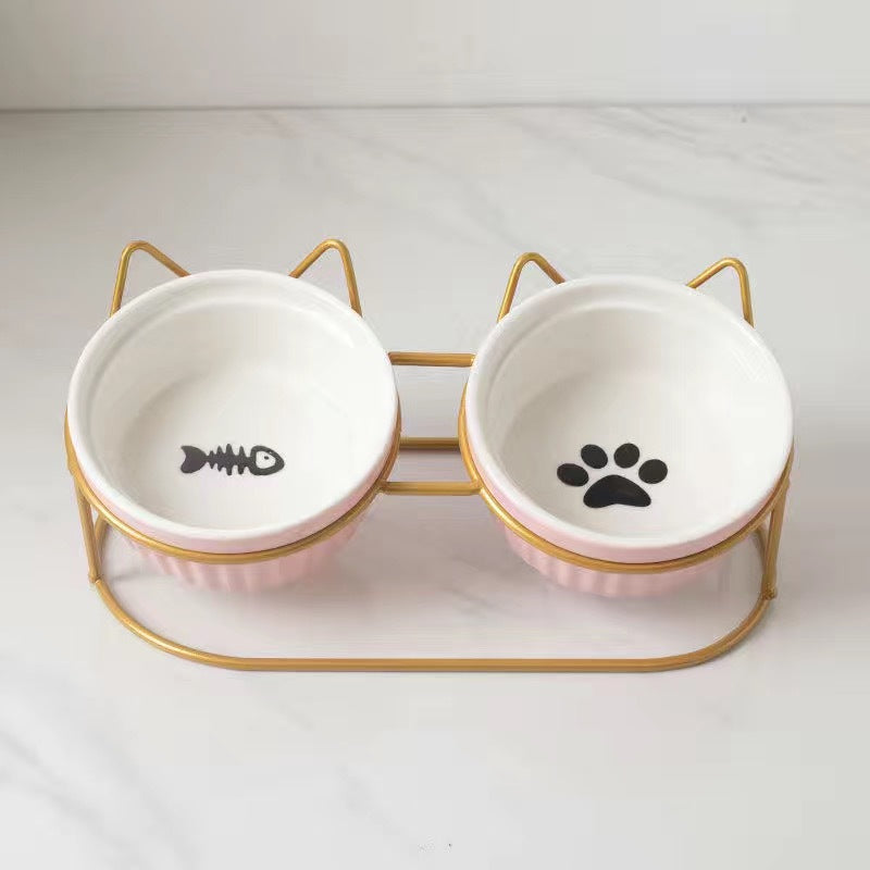 Ceramic Double Bowl Elevated Pet Feeding Water Bowl Supplies