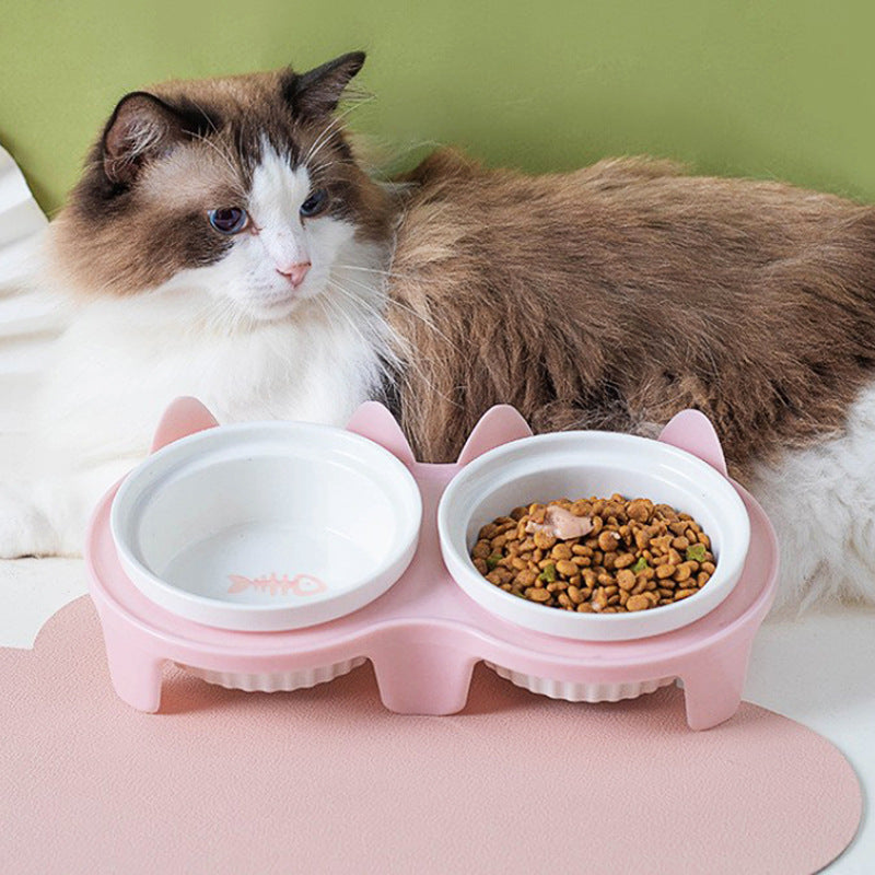 Ceramic Double Bowl Elevated Pet Feeding Water Bowl Supplies