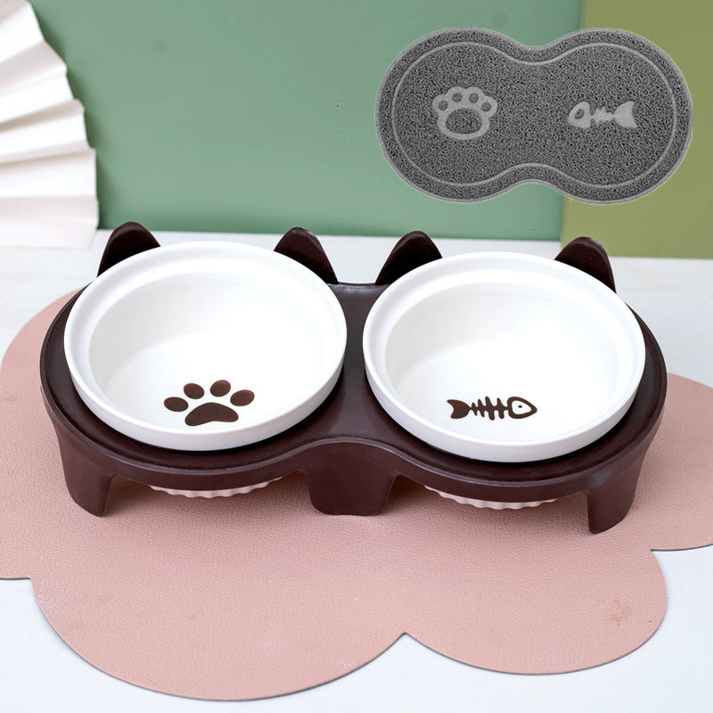 Ceramic Double Bowl Elevated Pet Feeding Water Bowl Supplies