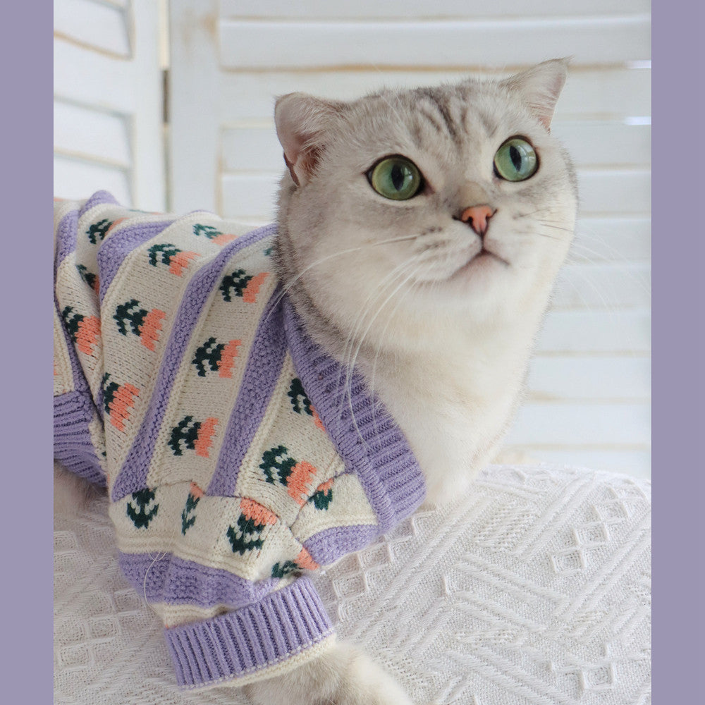 Retro Purple Flower Knitted Pet Sweater Autumn Winter Outfit