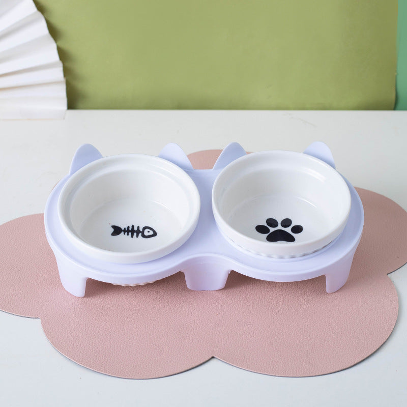 Ceramic Double Bowl Elevated Pet Feeding Water Bowl Supplies