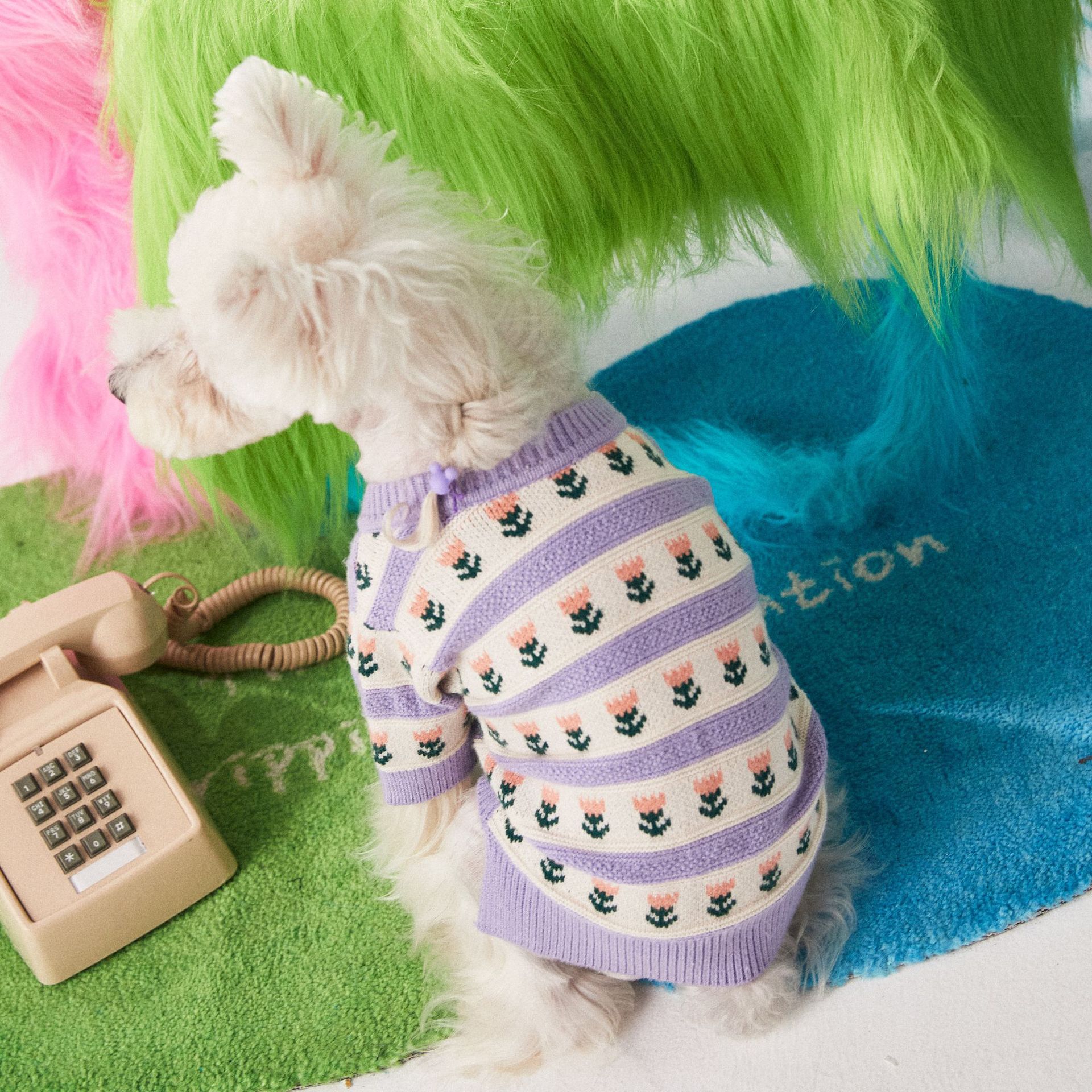 Purple Flower Pet Sweater Cardigan Cozy Clothing Outfit