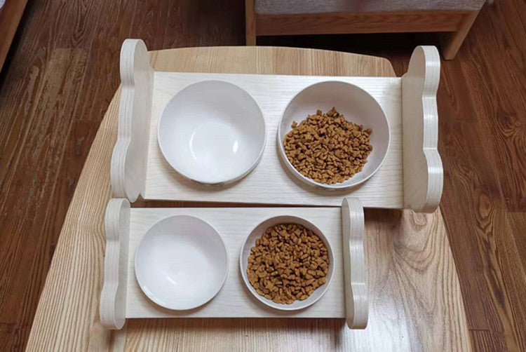 Tilted Solid Wood Double Pet Feeding Bowl