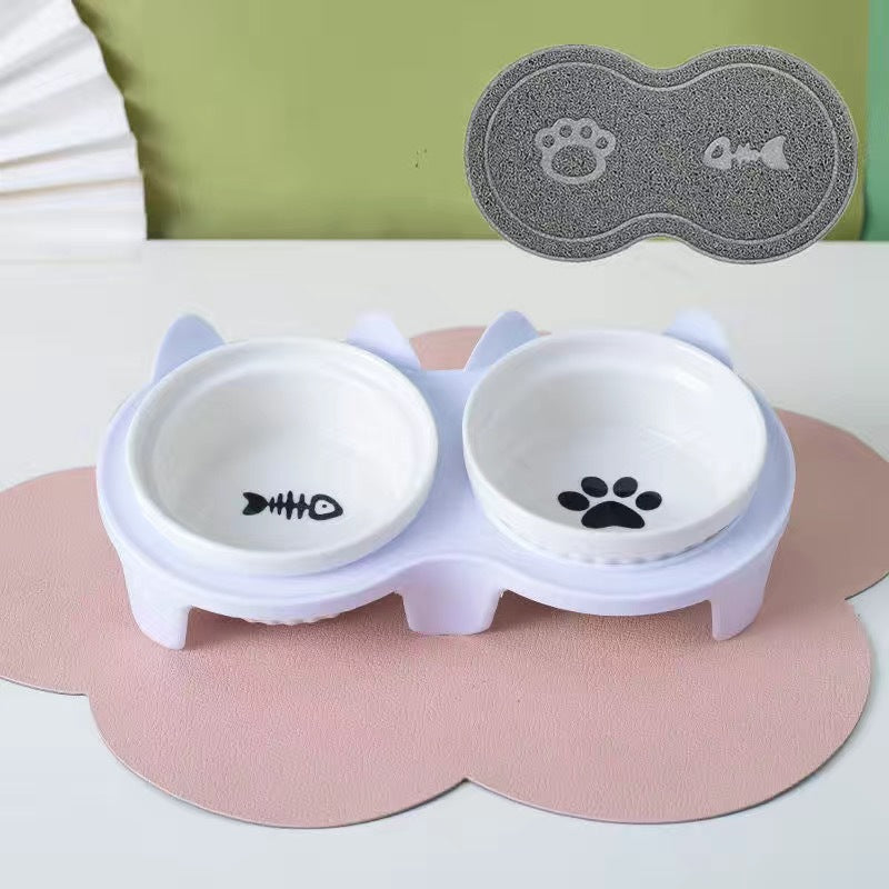 Ceramic Double Bowl Elevated Pet Feeding Water Bowl Supplies