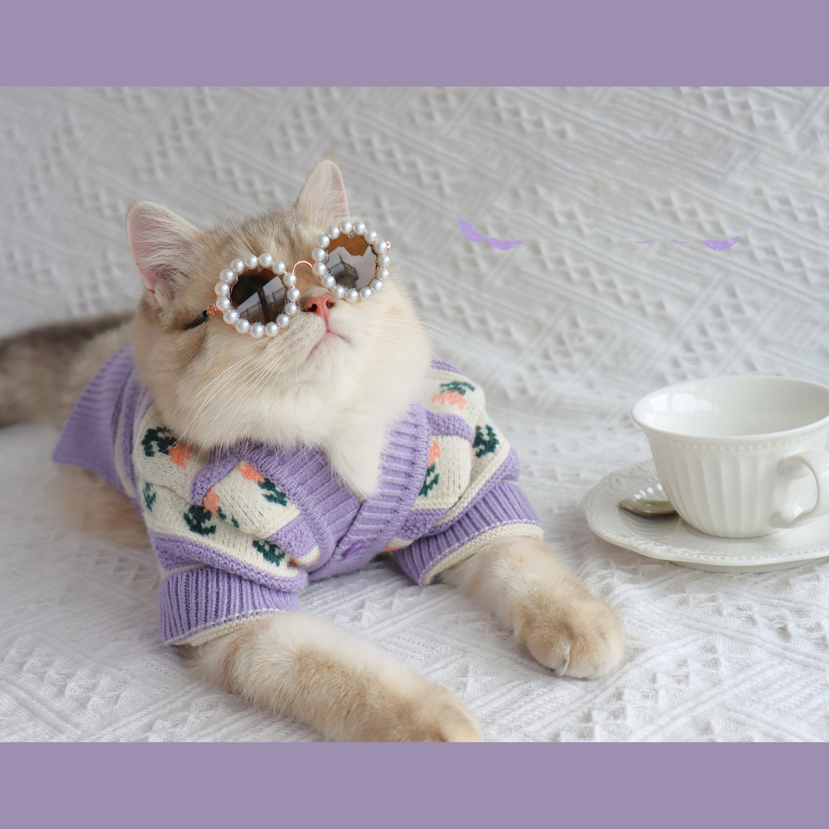 Retro Purple Flower Knitted Pet Sweater Autumn Winter Outfit