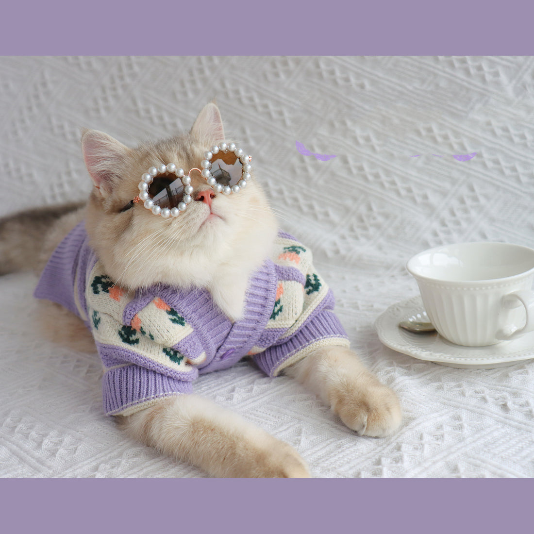 Retro Purple Flower Knitted Pet Sweater Autumn Winter Outfit