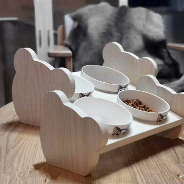 Tilted Solid Wood Double Pet Feeding Bowl