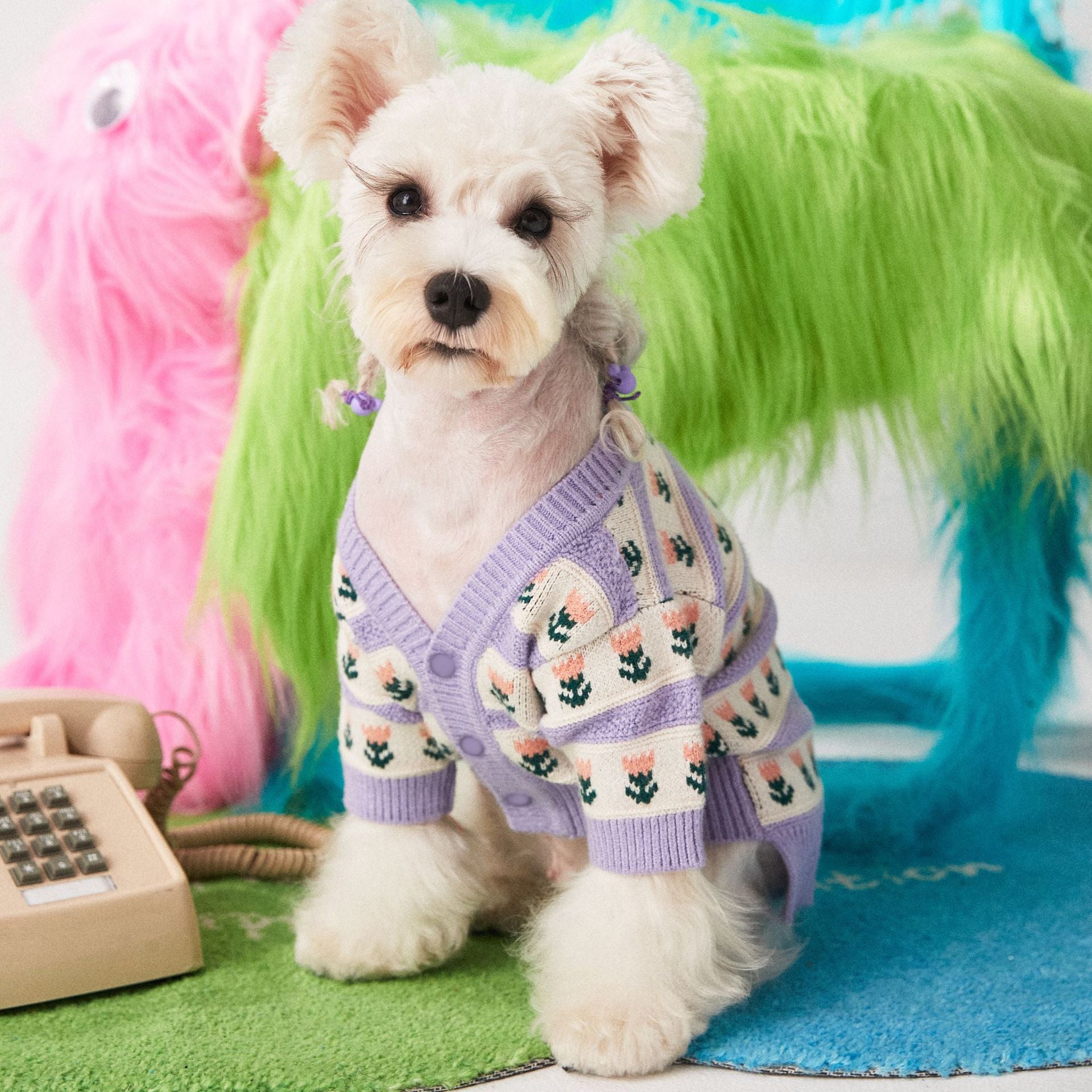 Purple Flower Pet Sweater Cardigan Cozy Clothing Outfit