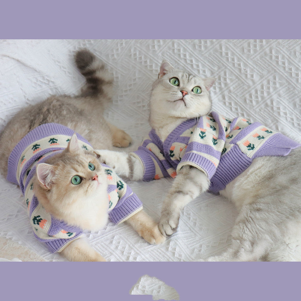 Retro Purple Flower Knitted Pet Sweater Autumn Winter Outfit