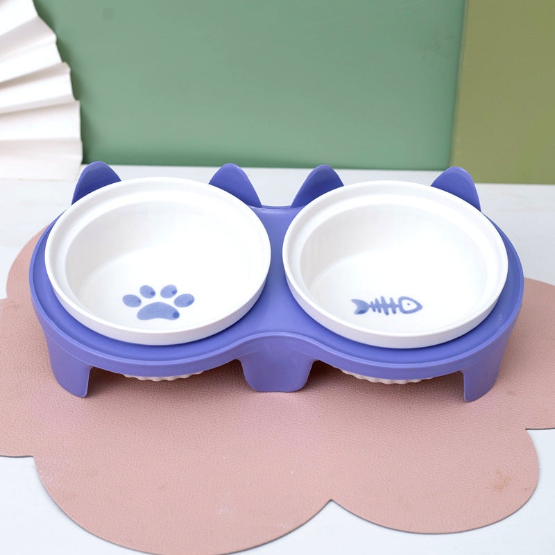Ceramic Double Bowl Elevated Pet Feeding Water Bowl Supplies