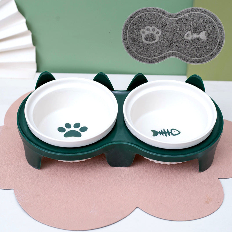 Ceramic Double Bowl Elevated Pet Feeding Water Bowl Supplies