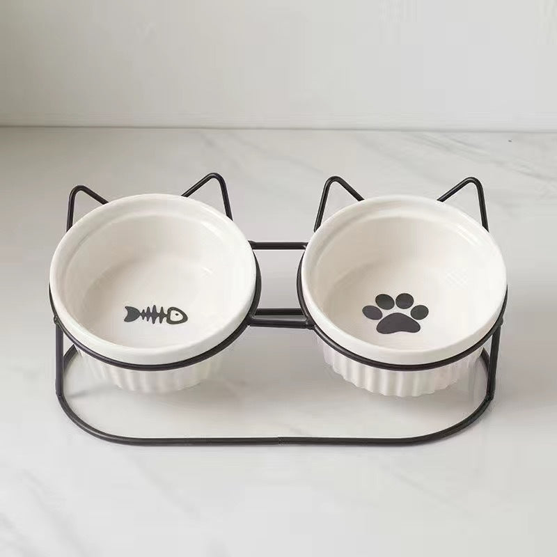Ceramic Double Bowl Elevated Pet Feeding Water Bowl Supplies