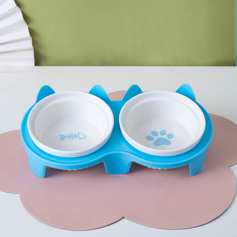 Ceramic Double Bowl Elevated Pet Feeding Water Bowl Supplies