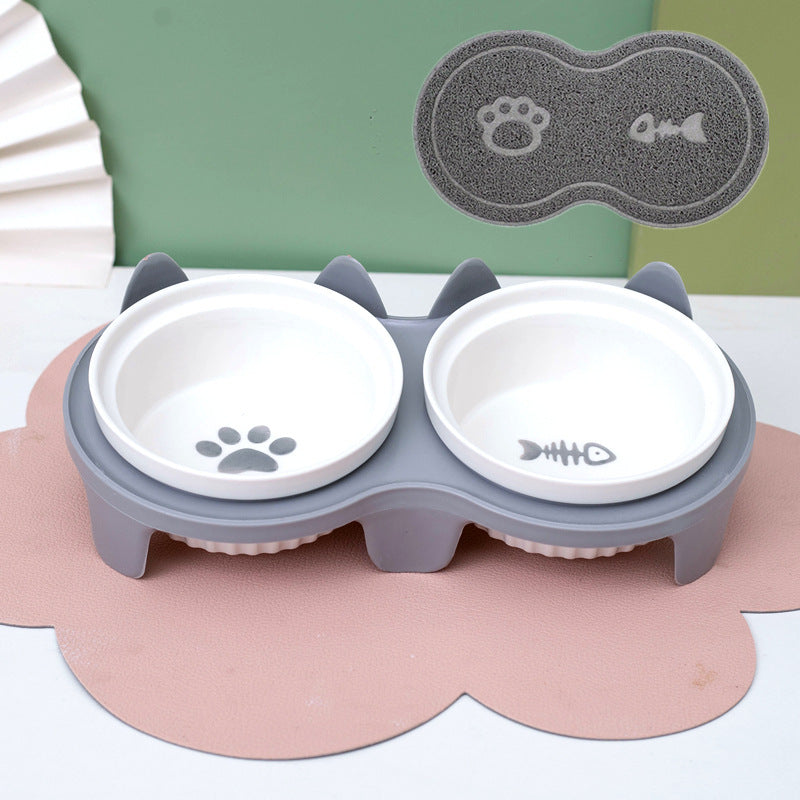 Ceramic Double Bowl Elevated Pet Feeding Water Bowl Supplies