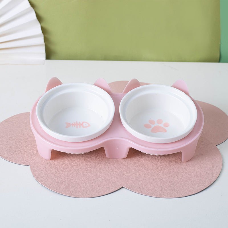 Ceramic Double Bowl Elevated Pet Feeding Water Bowl Supplies