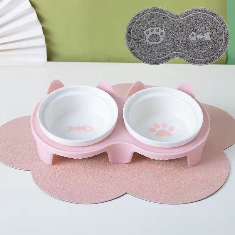 Ceramic Double Bowl Elevated Pet Feeding Water Bowl Supplies