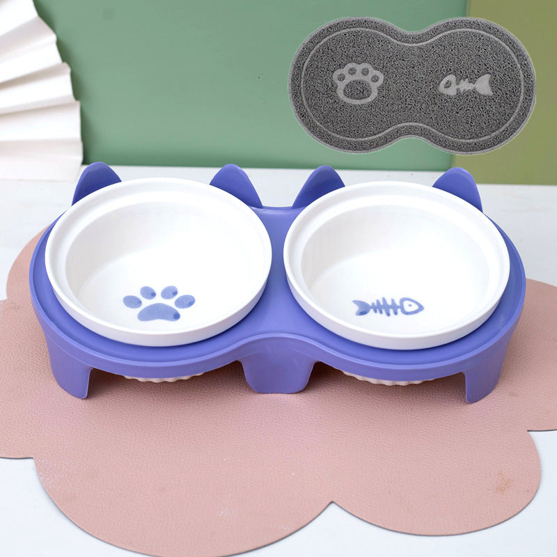 Ceramic Double Bowl Elevated Pet Feeding Water Bowl Supplies