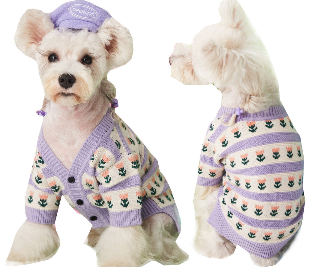 Purple Flower Pet Sweater Cardigan Cozy Clothing Outfit