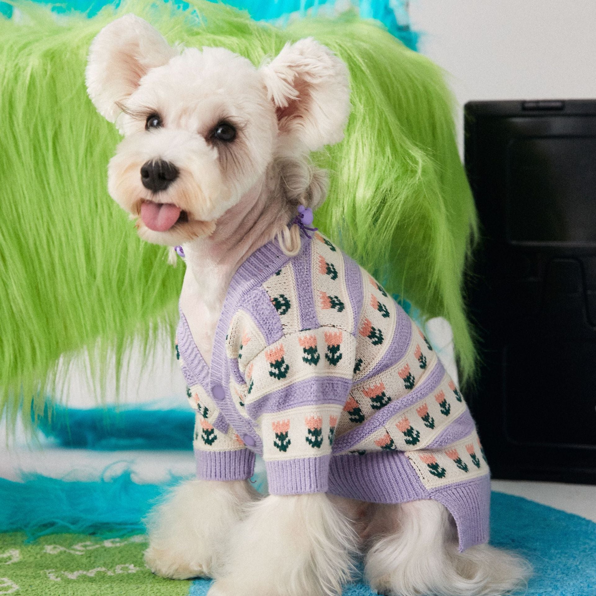 Purple Flower Pet Sweater Cardigan Cozy Clothing Outfit