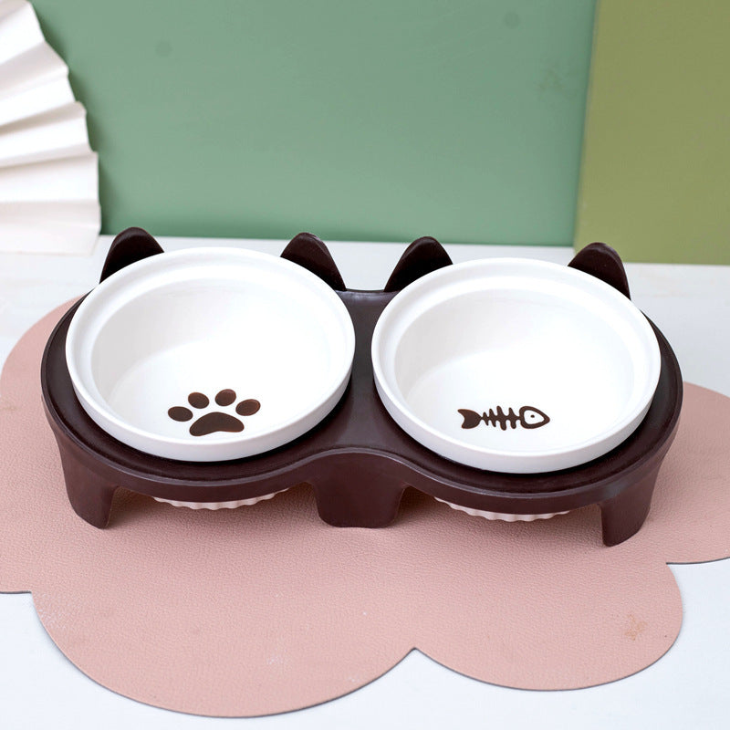 Ceramic Double Bowl Elevated Pet Feeding Water Bowl Supplies