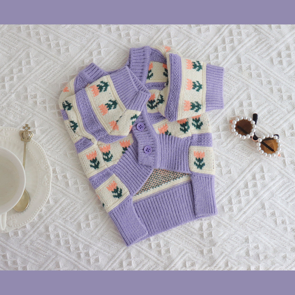 Retro Purple Flower Knitted Pet Sweater Autumn Winter Outfit