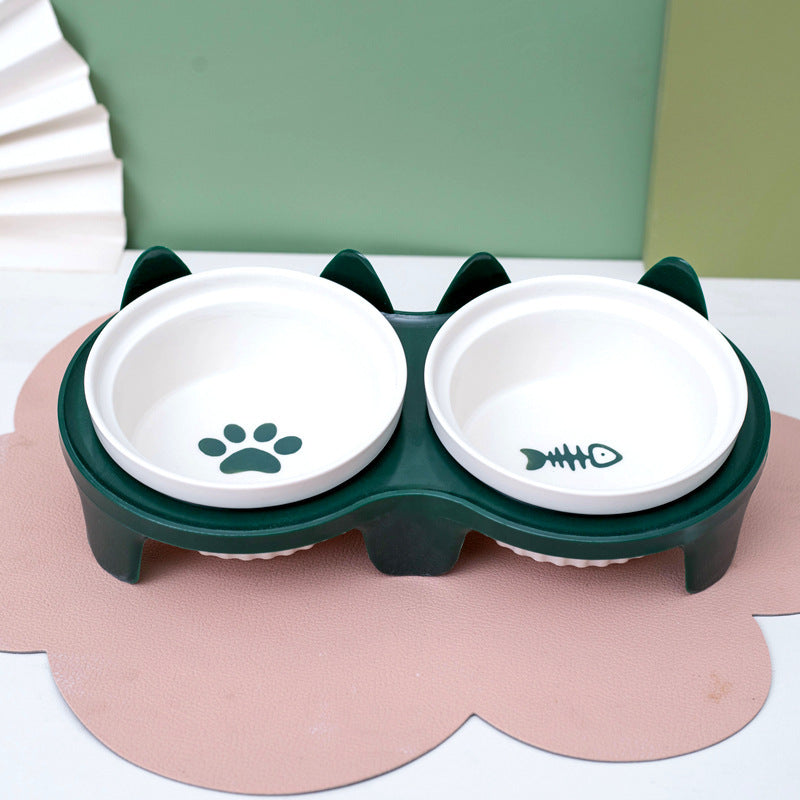 Ceramic Double Bowl Elevated Pet Feeding Water Bowl Supplies