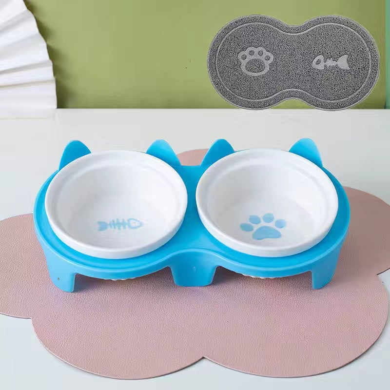 Ceramic Double Bowl Elevated Pet Feeding Water Bowl Supplies
