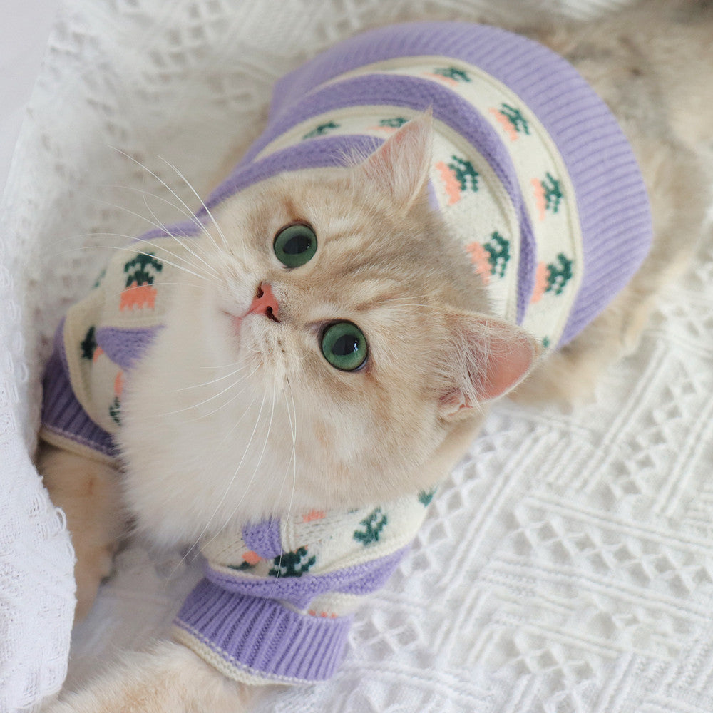 Retro Purple Flower Knitted Pet Sweater Autumn Winter Outfit