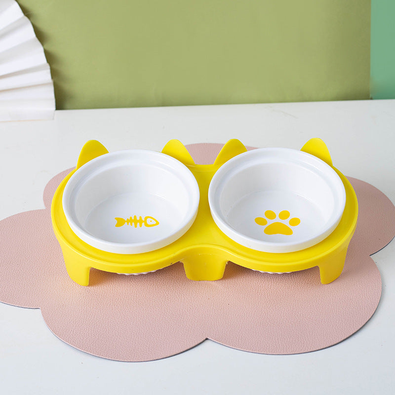 Ceramic Double Bowl Elevated Pet Feeding Water Bowl Supplies