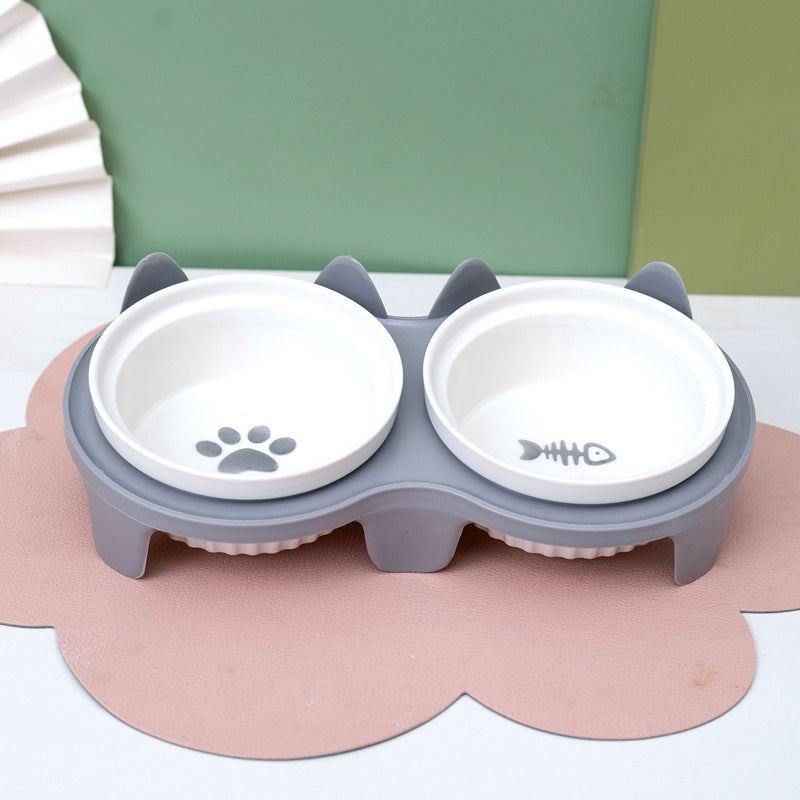 Ceramic Double Bowl Elevated Pet Feeding Water Bowl Supplies