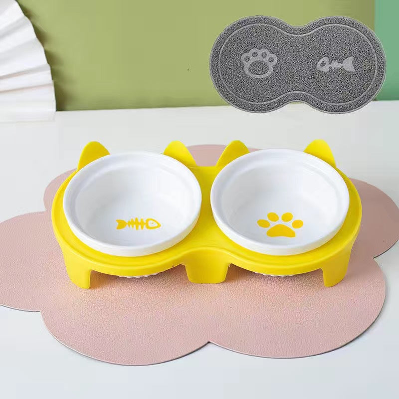 Ceramic Double Bowl Elevated Pet Feeding Water Bowl Supplies
